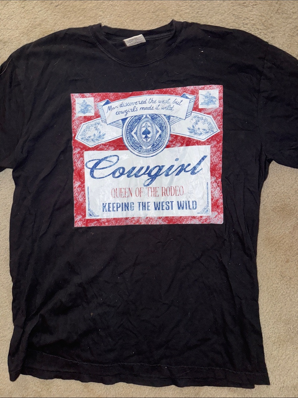 Comfort Colors Black Cowgirl Graphic Tee with Red and Blue Print